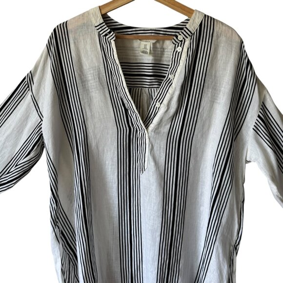 H&M Linen Popover Shirt Tunic Oversized Band Collar Dropped Shoulders Wide Cuffs - Picture 3 of 16